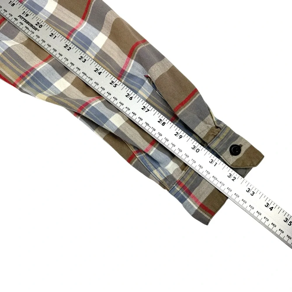 J. Crew Plaid Shirt Men's Large Tan Gray Red Flannel Button-up 100% Cotton Soft